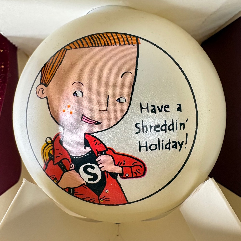 Vintage Have a Shreddin Holiday Boy Superhero Glass Ball Christmas Ornament Box